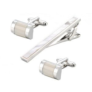 Elegant Silver and Mother of Pearl 3 Pcs Set Cufflinks & Tie Clip